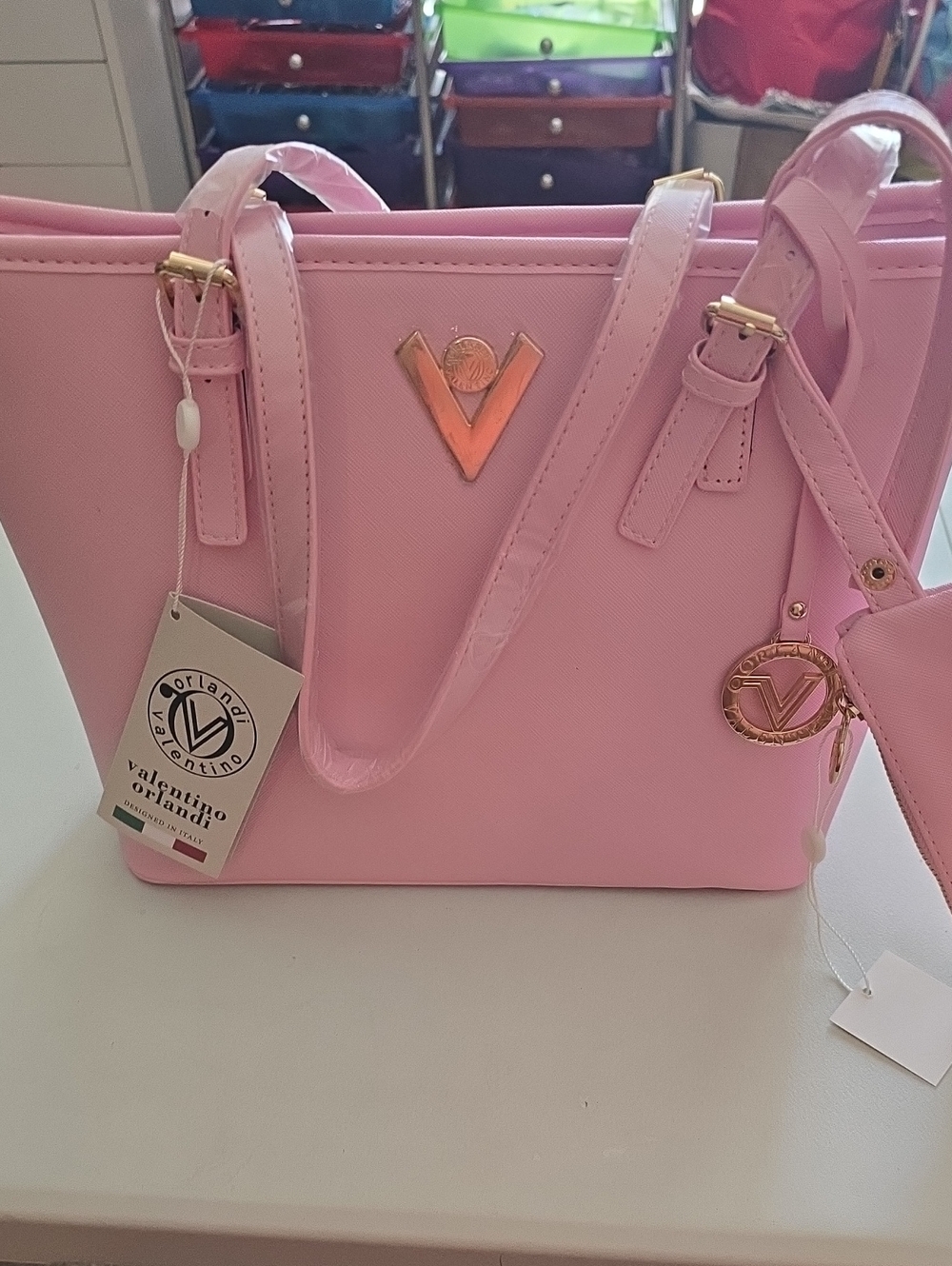 Valentino Orlandi Pink Tote with Gold Accents